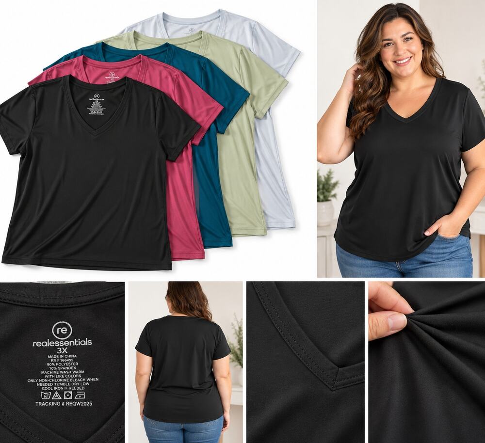 Real Essentials Women’s Plus Size V-Neck Performance T-Shirts – Size 3X – 5 Pack